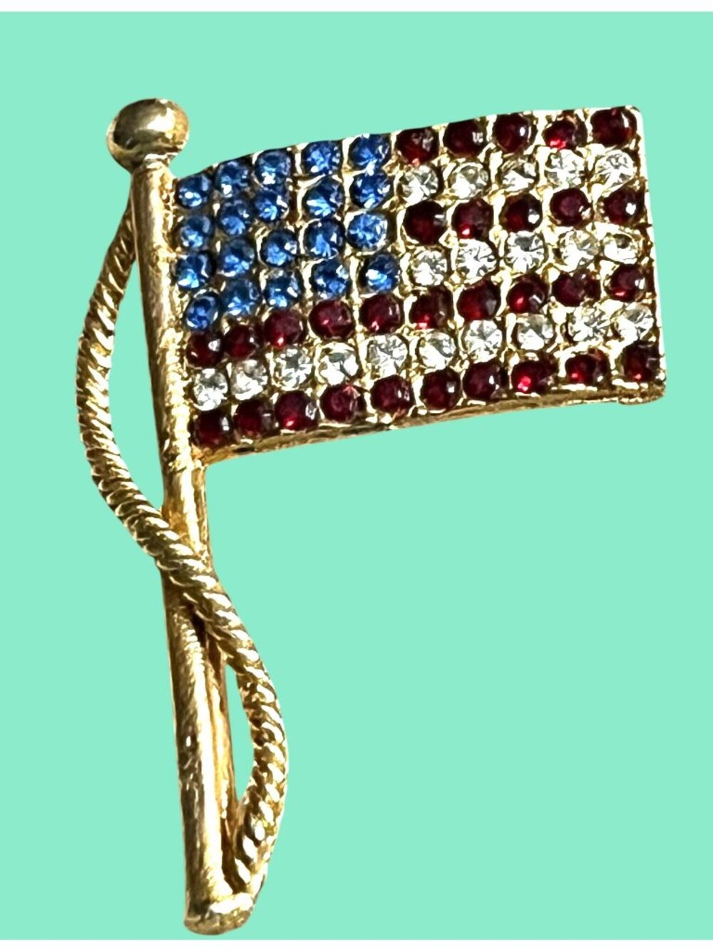 Vintage Gold-Tone American Flag Brooch With Red White Blue Rhinestones